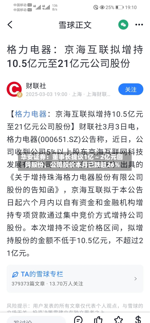 华安证券：董事长提议1亿～2亿元回购股份，公司股价本月已跌超26%-第2张图片