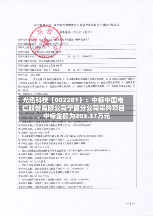 光迅科技（002281）：中标中国电信股份有限公司宁夏分公司采购项目，中标金额为203.37万元-第2张图片