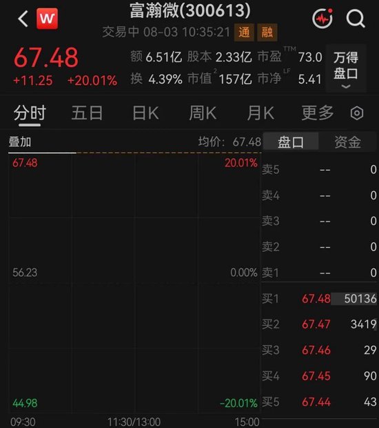 百亿龙头富瀚微	，“一”字涨停
